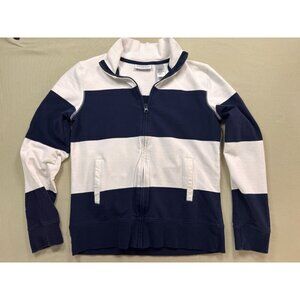 Villager Liz Claiborne Nautical Jacket Long Sleeve Navy White Stripe Zip Medium